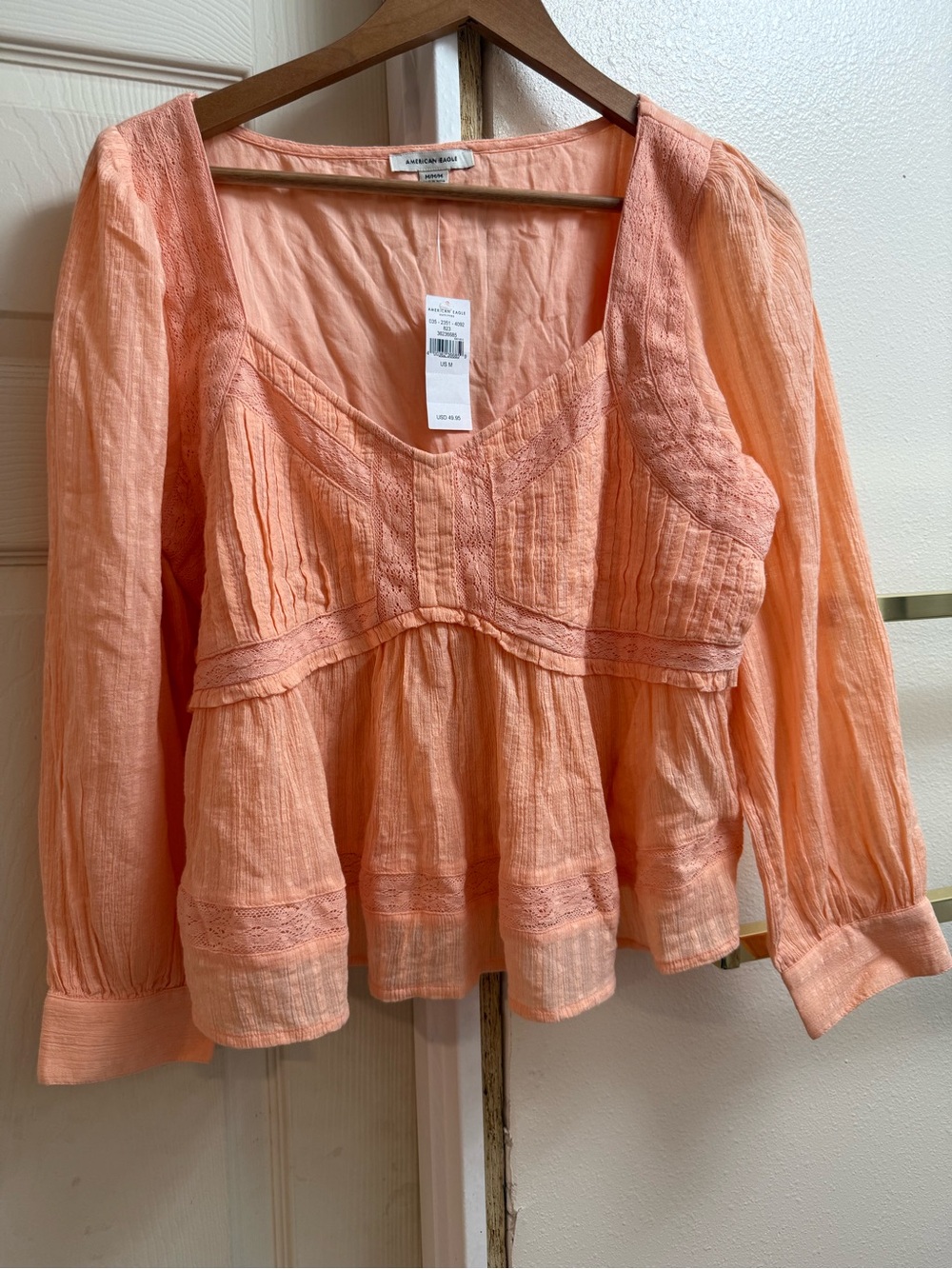 American Eagle Outfitters Peach Peasant Blouse with Lace Trim